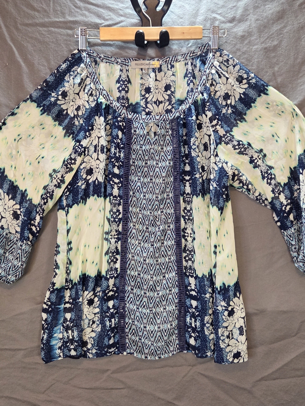 Boho Navy and Cream Mixed-Print Women’s Blouse